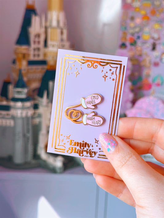 Cold Hands Warm Heart Mittens Gold Enamel Pin