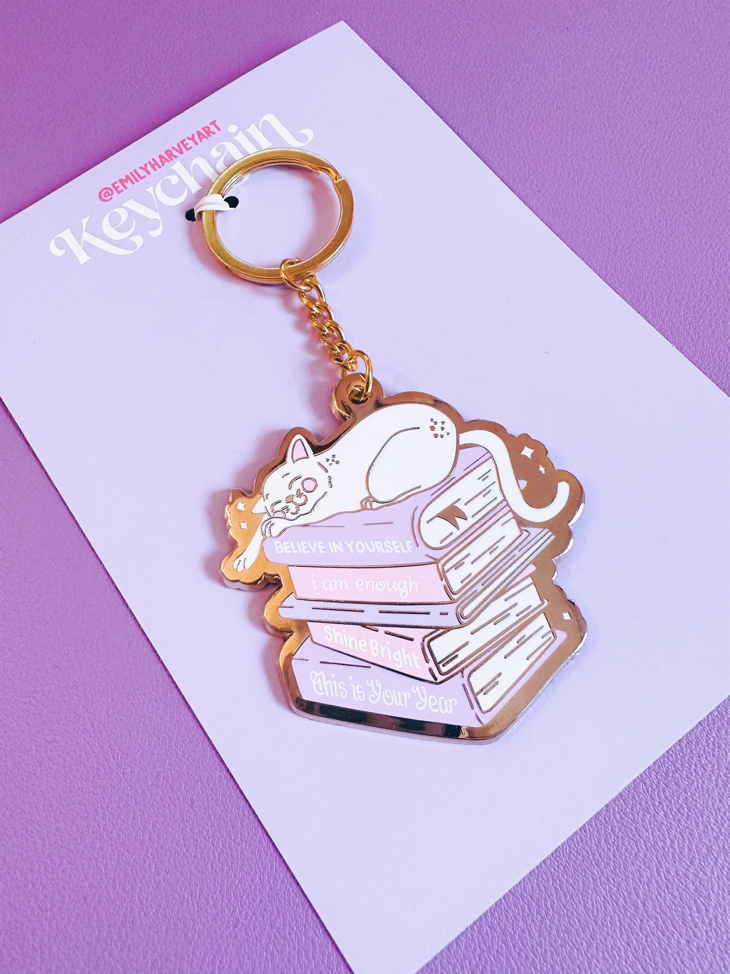 Cosy Cat & Books Enamel Keychain