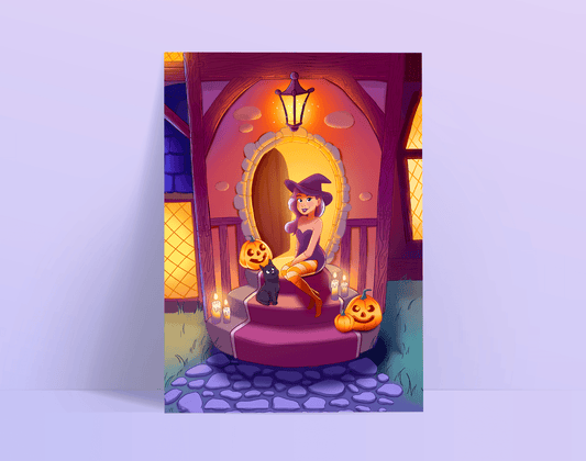 A Witch and Her Cat A5 Art Print - Emily Harvey Art