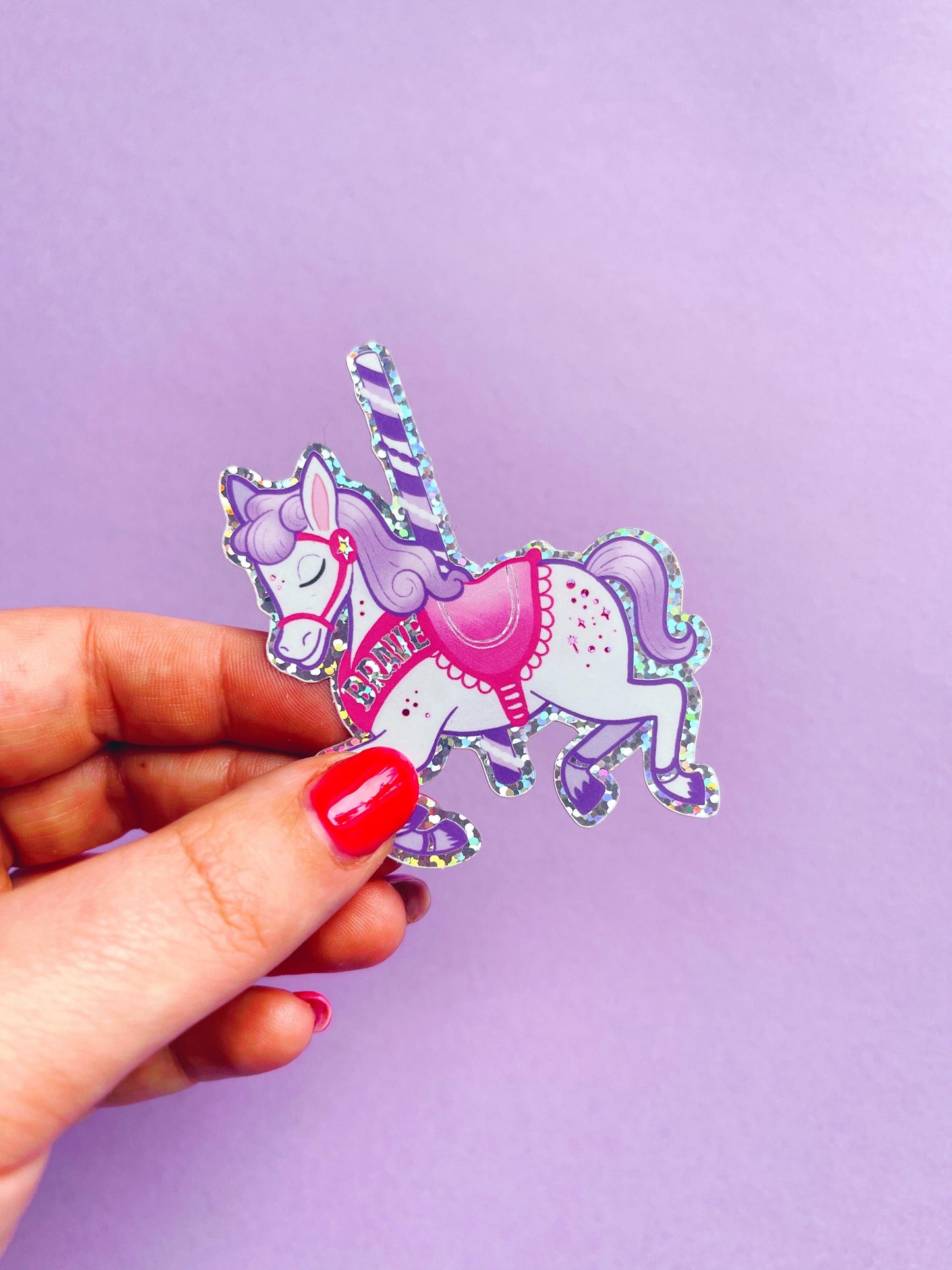 Brave Carousel Horse Glitter Vinyl Sticker - Emily Harvey Art