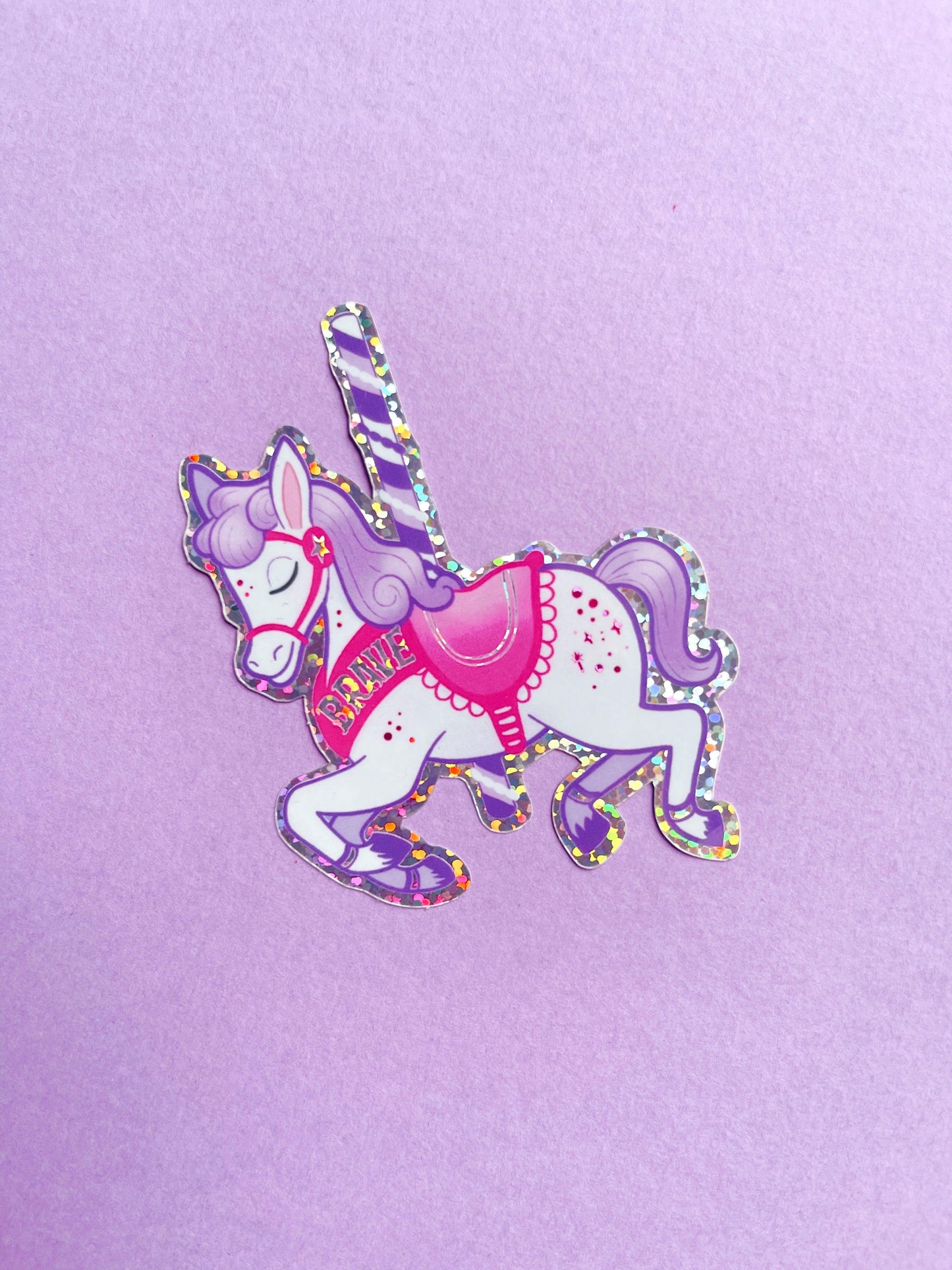 Brave Carousel Horse Glitter Vinyl Sticker - Emily Harvey Art