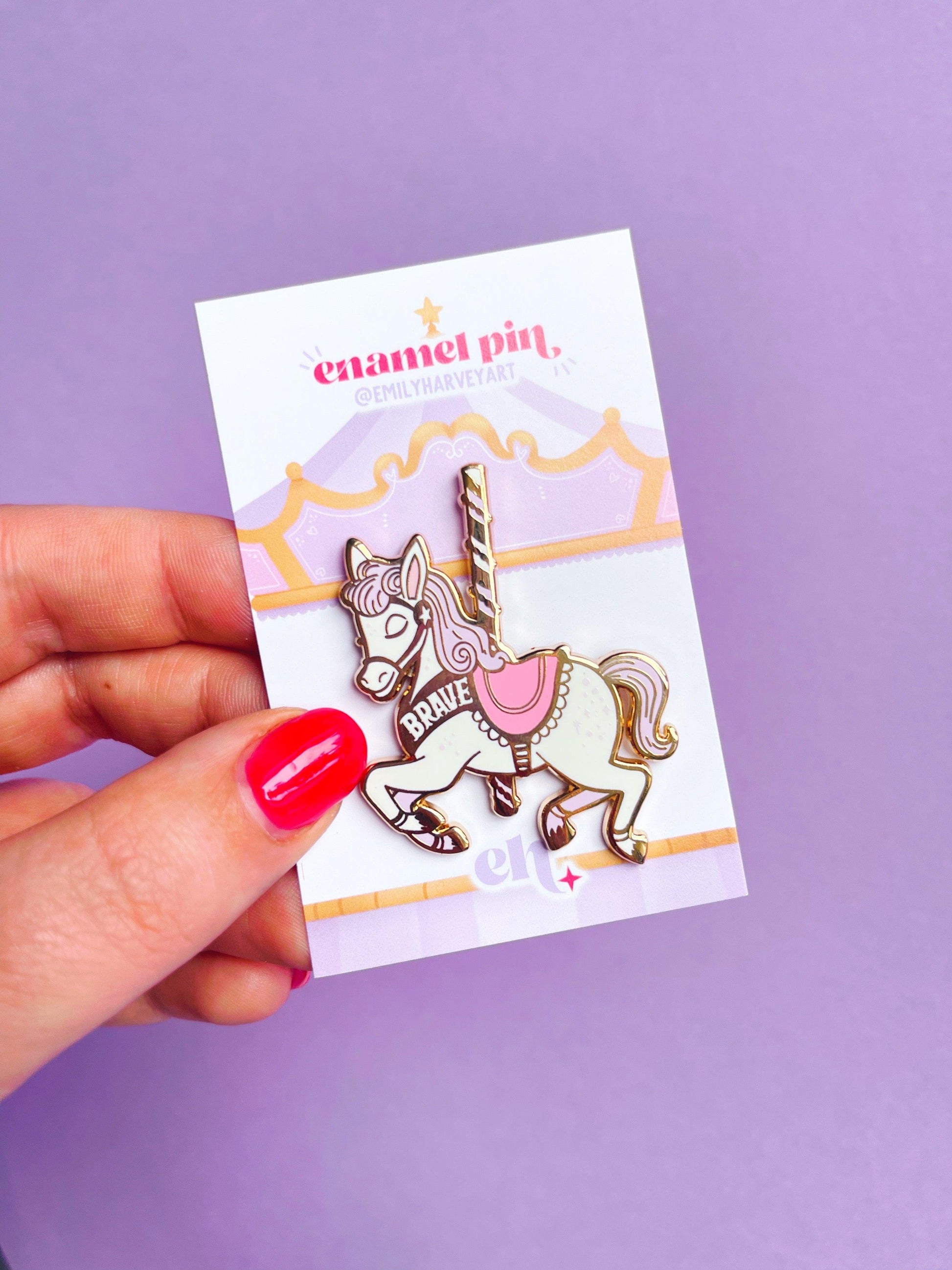 Brave Carousel Horse Gold Enamel Pin - Emily Harvey Art