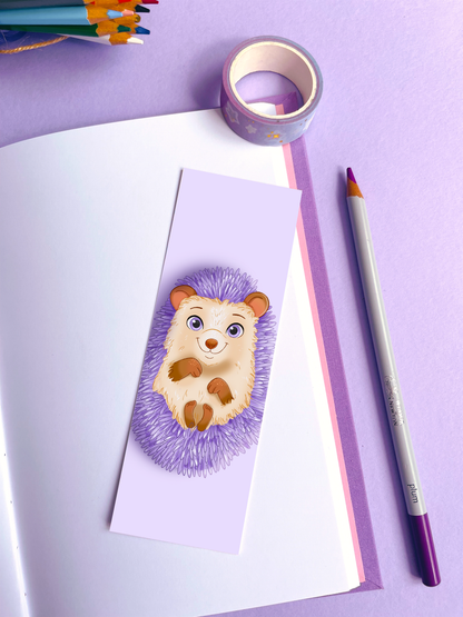 Lilac Hedgehog Illustrated Velvet Bookmark