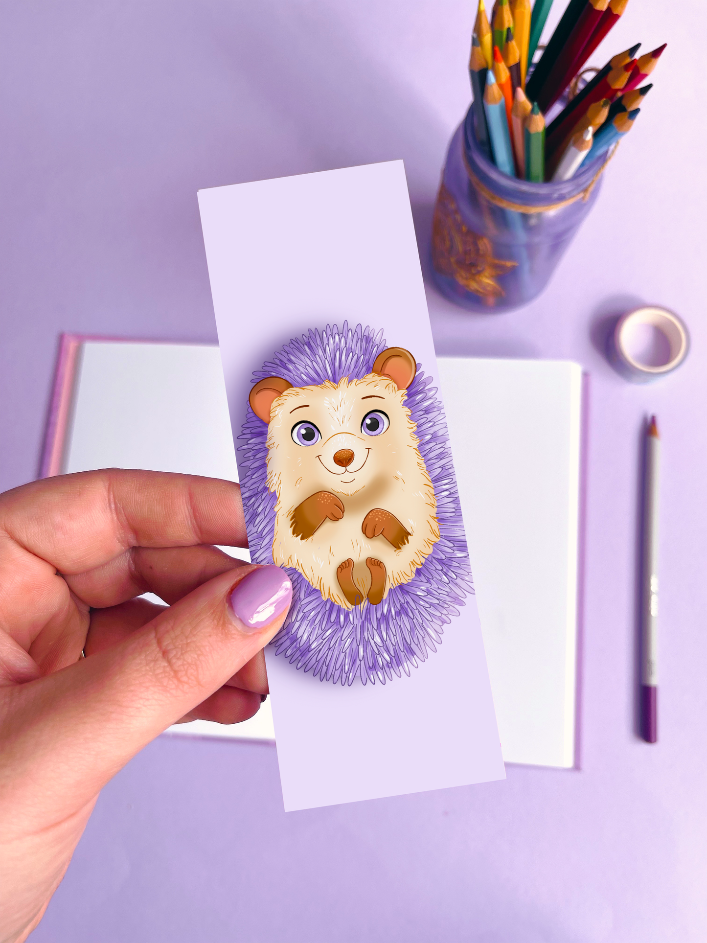 Lilac Hedgehog Illustrated Velvet Bookmark