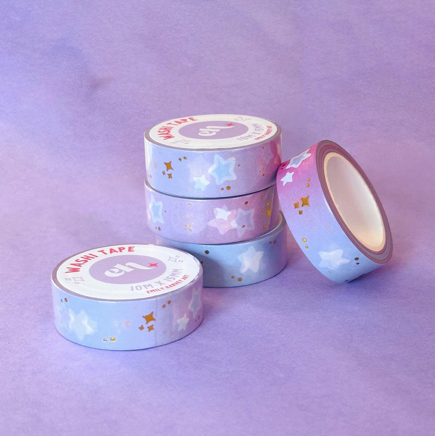 Pink Blue Gradient with Gold Stars Washi Tape - Emily Harvey Art
