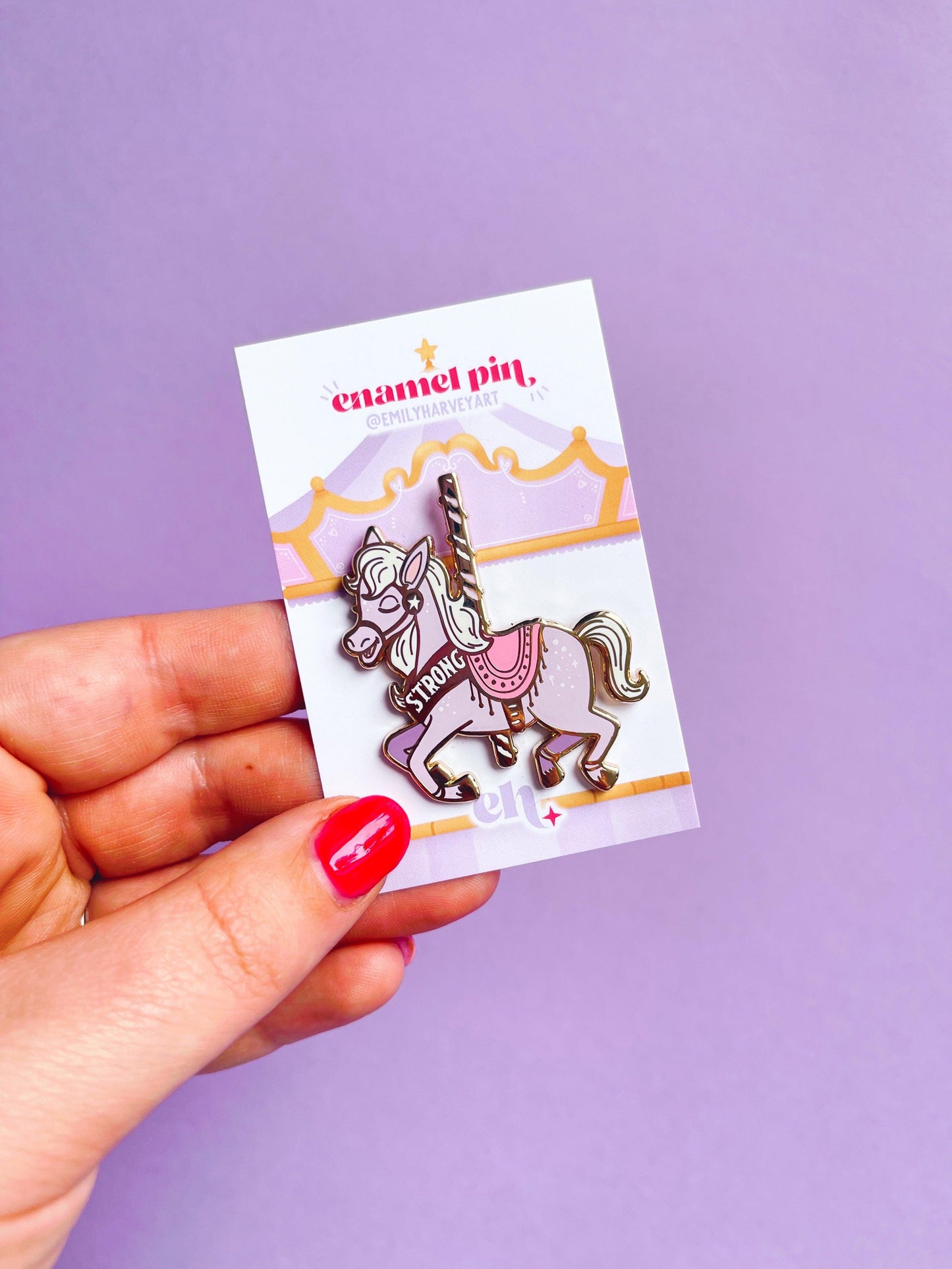 Strong Carousel Horse Gold Enamel Pin - Emily Harvey Art