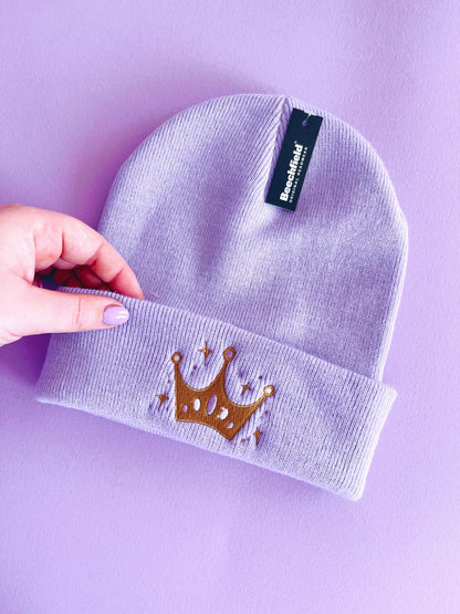 Lilac and Gold Crown Beanie Hat