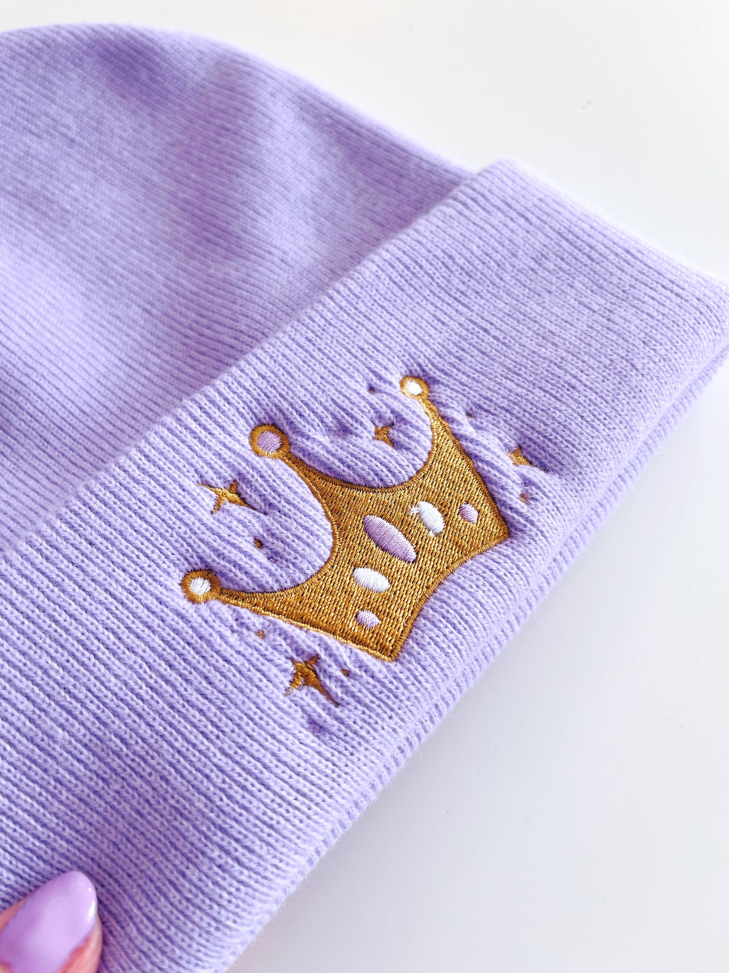 Lilac and Gold Crown Beanie Hat